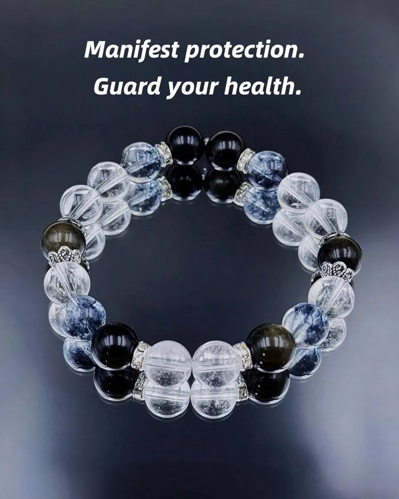 Schutzarmband mit Bergkristall, Obsidian & Black Flash