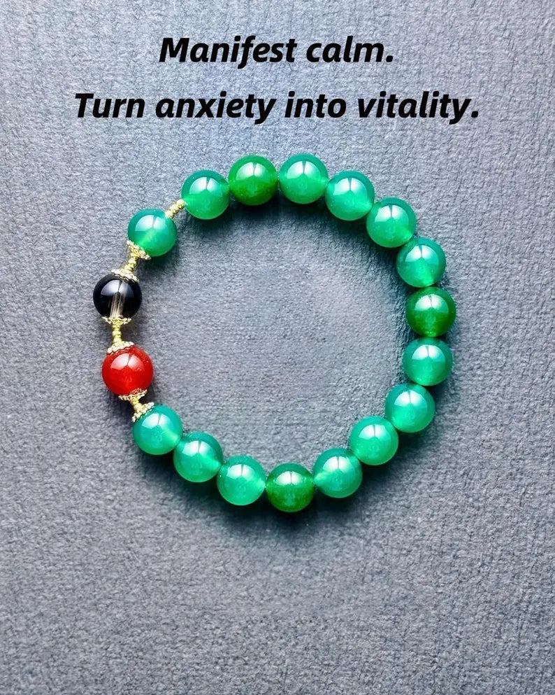Manifest Calm & Vitality Bracelet – Green Chalcedony, Red Agate & Smoky Quartz