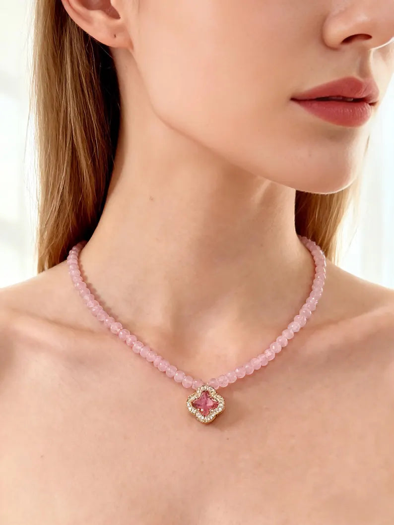 Delicate Pink Chalcedony Chip Necklace, 44cm — Natural Gemstone Beaded Necklace, Soft Pastel Crystal Jewelry, Feminine Gift for Her