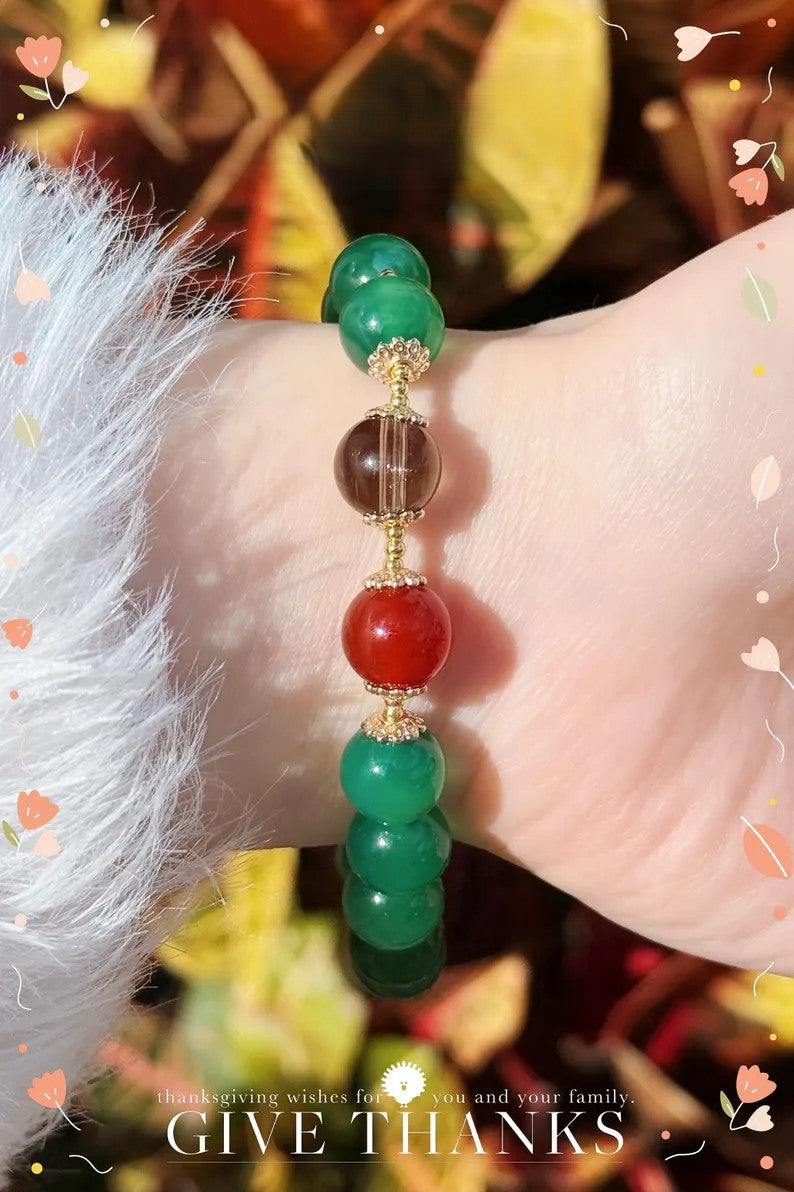 Manifest Calm & Vitality Bracelet – Green Chalcedony, Red Agate & Smoky Quartz