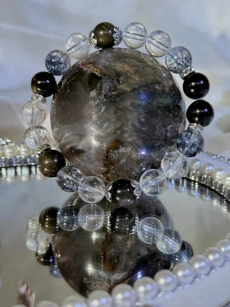 Schutzarmband mit Bergkristall, Obsidian & Black Flash