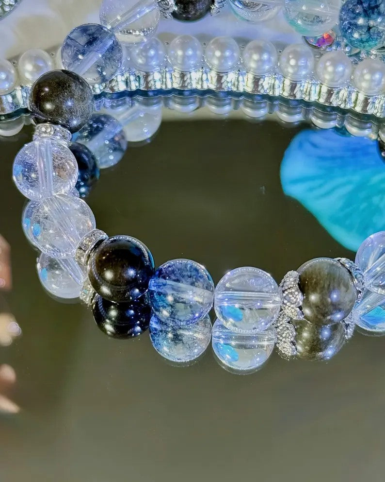 Schutzarmband mit Bergkristall, Obsidian & Black Flash