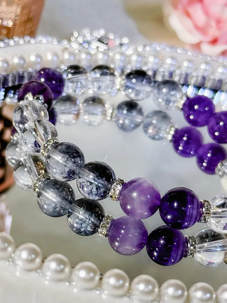 Manifest Intuition Bracelet – Clear Quartz, Dream Amethyst & Black Flash