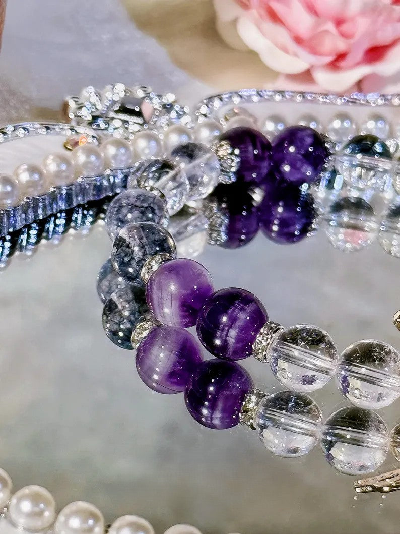 Manifest Intuition Bracelet – Clear Quartz, Dream Amethyst & Black Flash