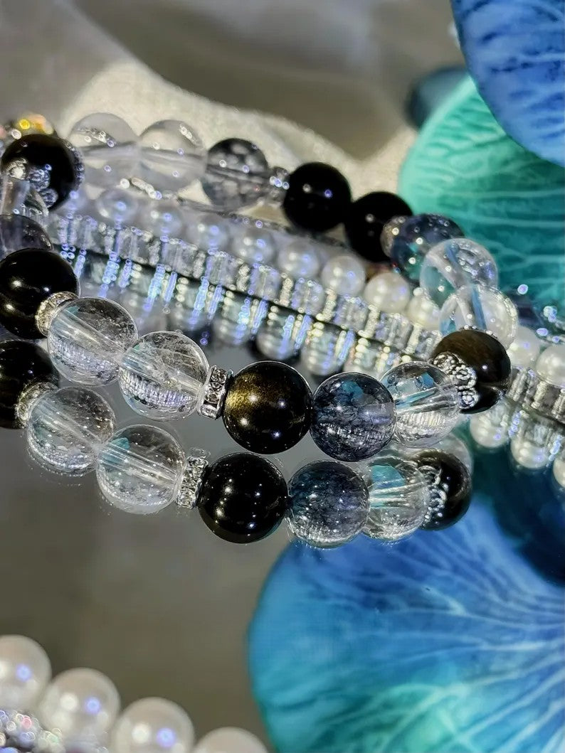 Schutzarmband mit Bergkristall, Obsidian & Black Flash