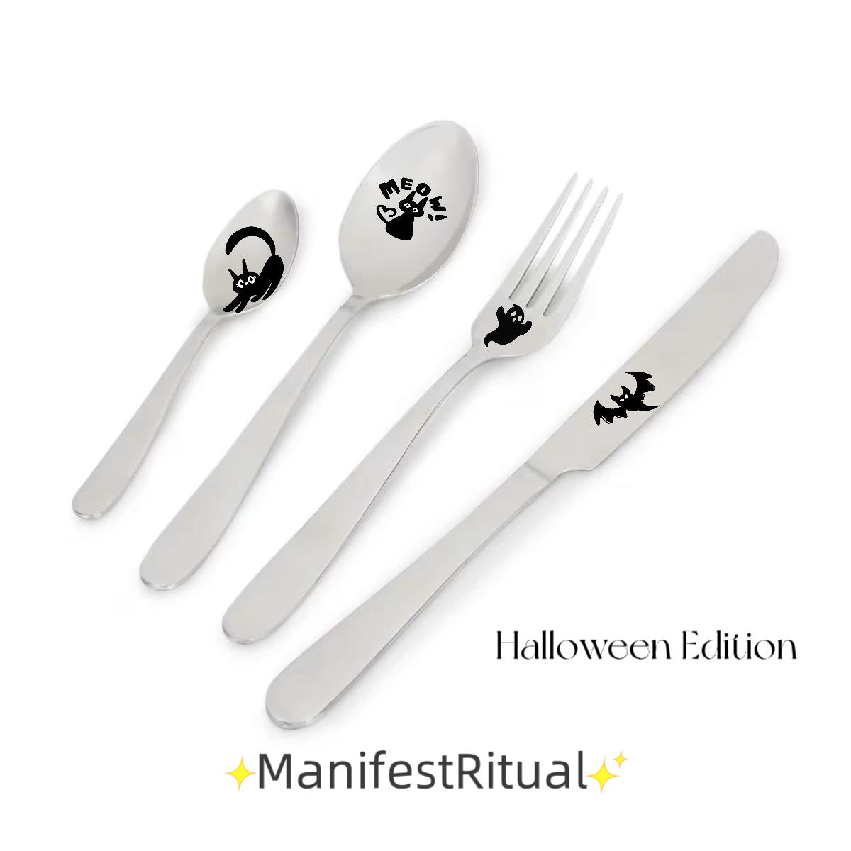 Halloween Cat & Ghost Cutlery Set – 4pcs Stainless Steel Flatware | Spooky Cute Tableware for Kids & Adults | ManifestRituals Halloween Edition