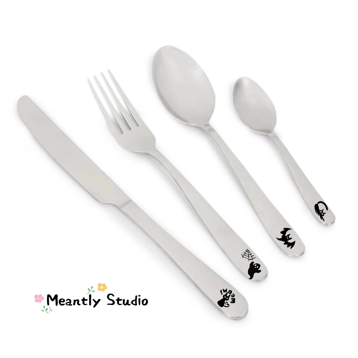 Halloween Cat & Ghost Cutlery Set – 4pcs Stainless Steel Flatware | Spooky Cute Tableware for Kids & Adults | ManifestRituals Halloween Edition