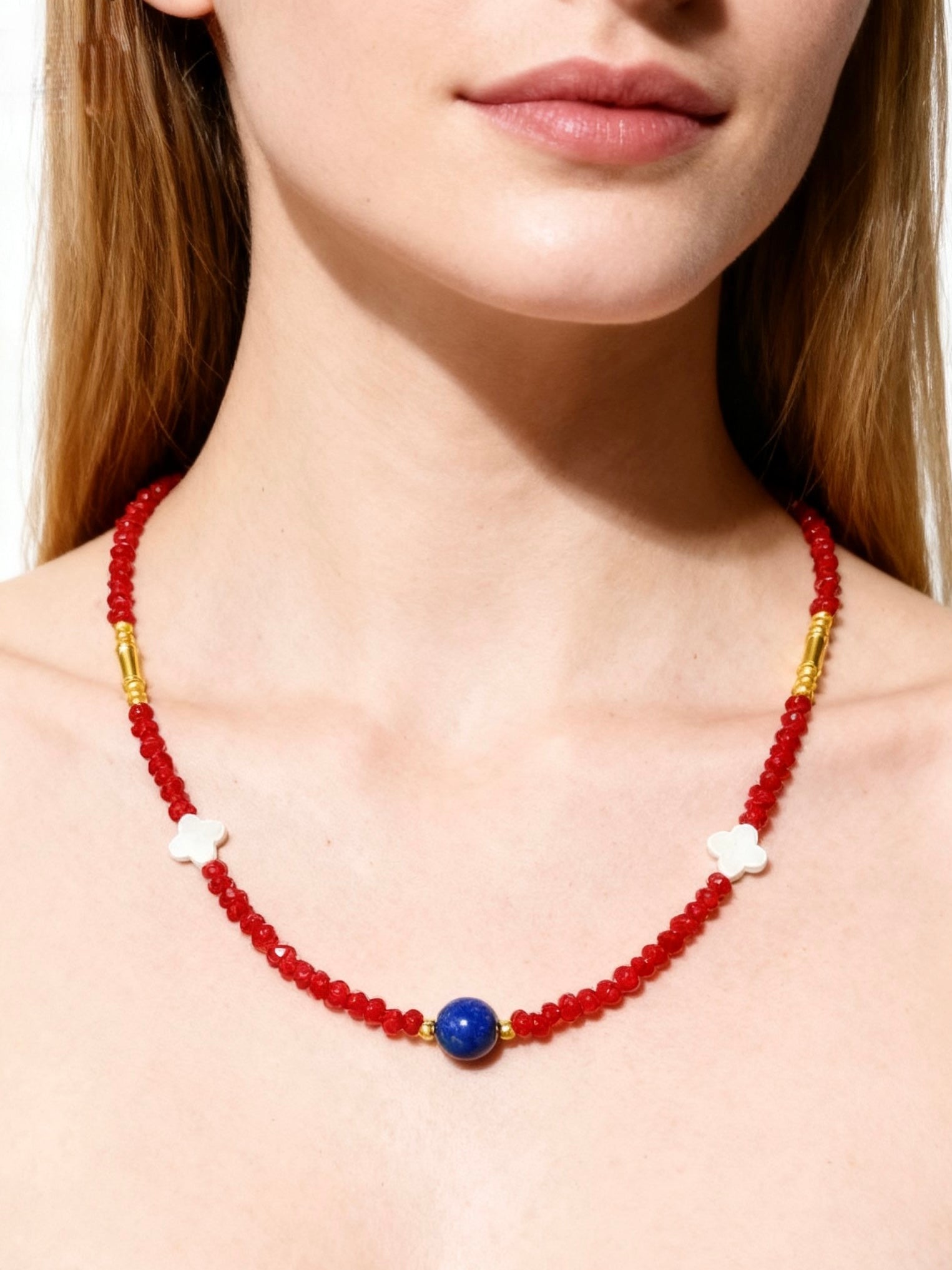 Red Agate and Lapis Lazuli Clover Shell Necklace, 46cm Lucky Charm Necklace, Natural Gemstone Clover Pendant, Handmade Jewelry Gift for Her
