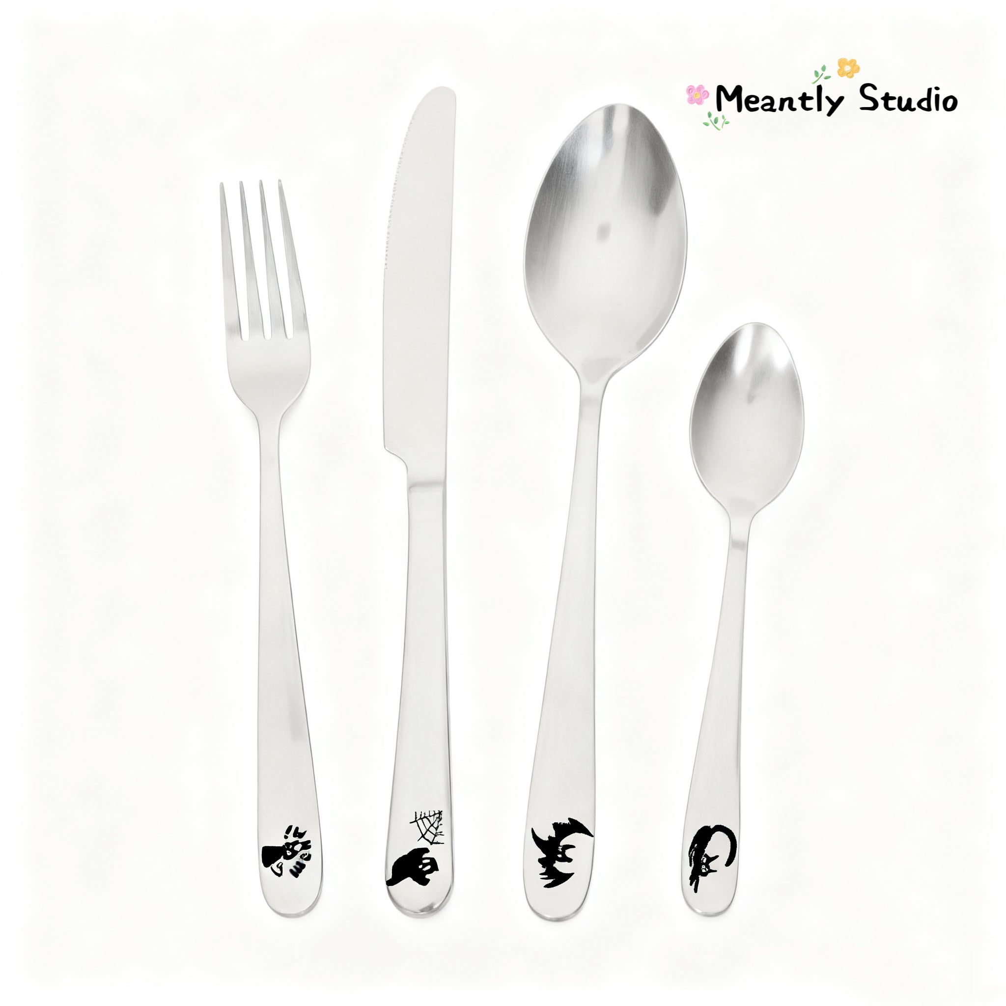 Halloween Cat & Ghost Cutlery Set – 4pcs Stainless Steel Flatware | Spooky Cute Tableware for Kids & Adults | ManifestRituals Halloween Edition