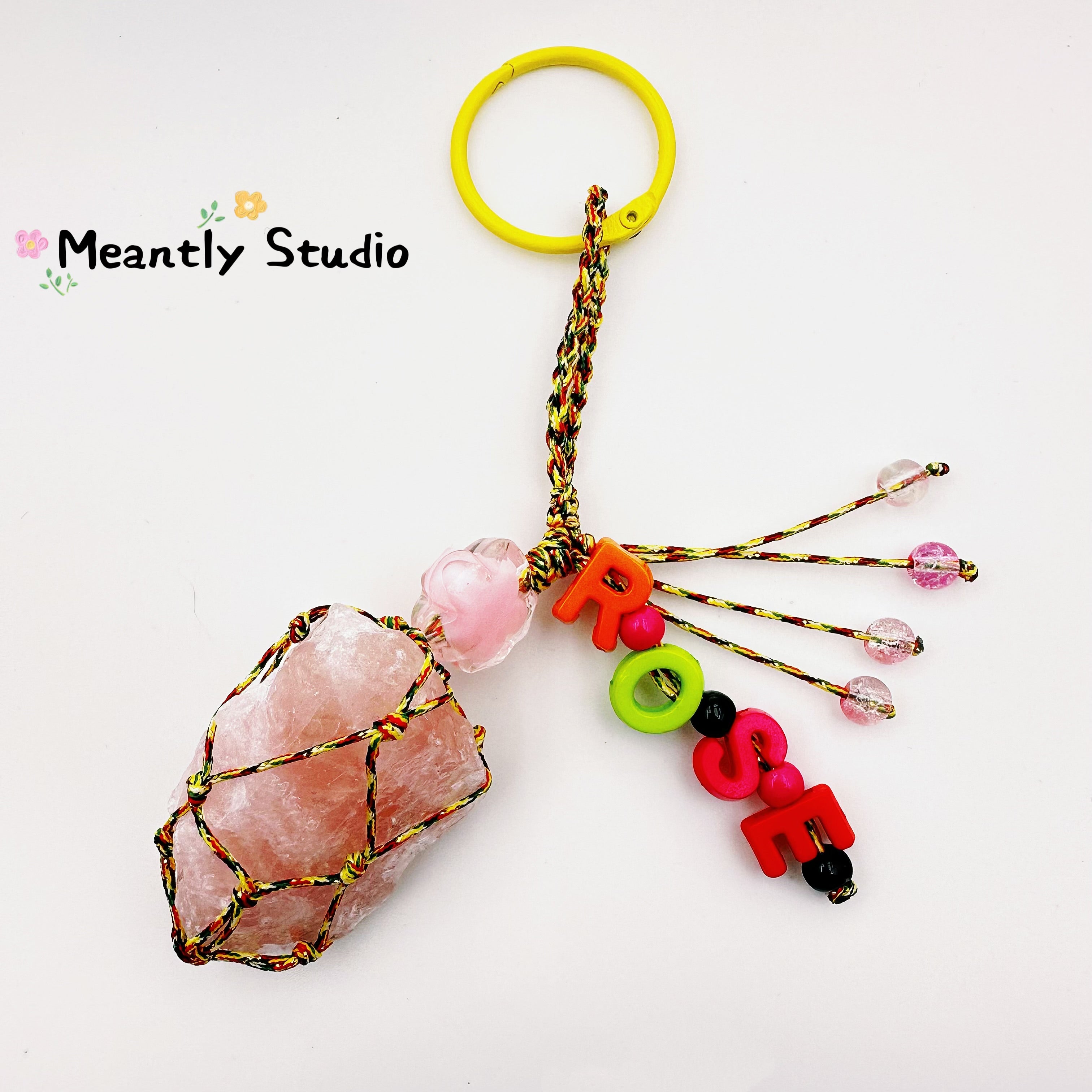 Custom Crystal Keychain – Raw Gemstone Energy Stone Bag Charm with Name Beads, Rose Quartz Amethyst Clear Quartz Personalized Gift