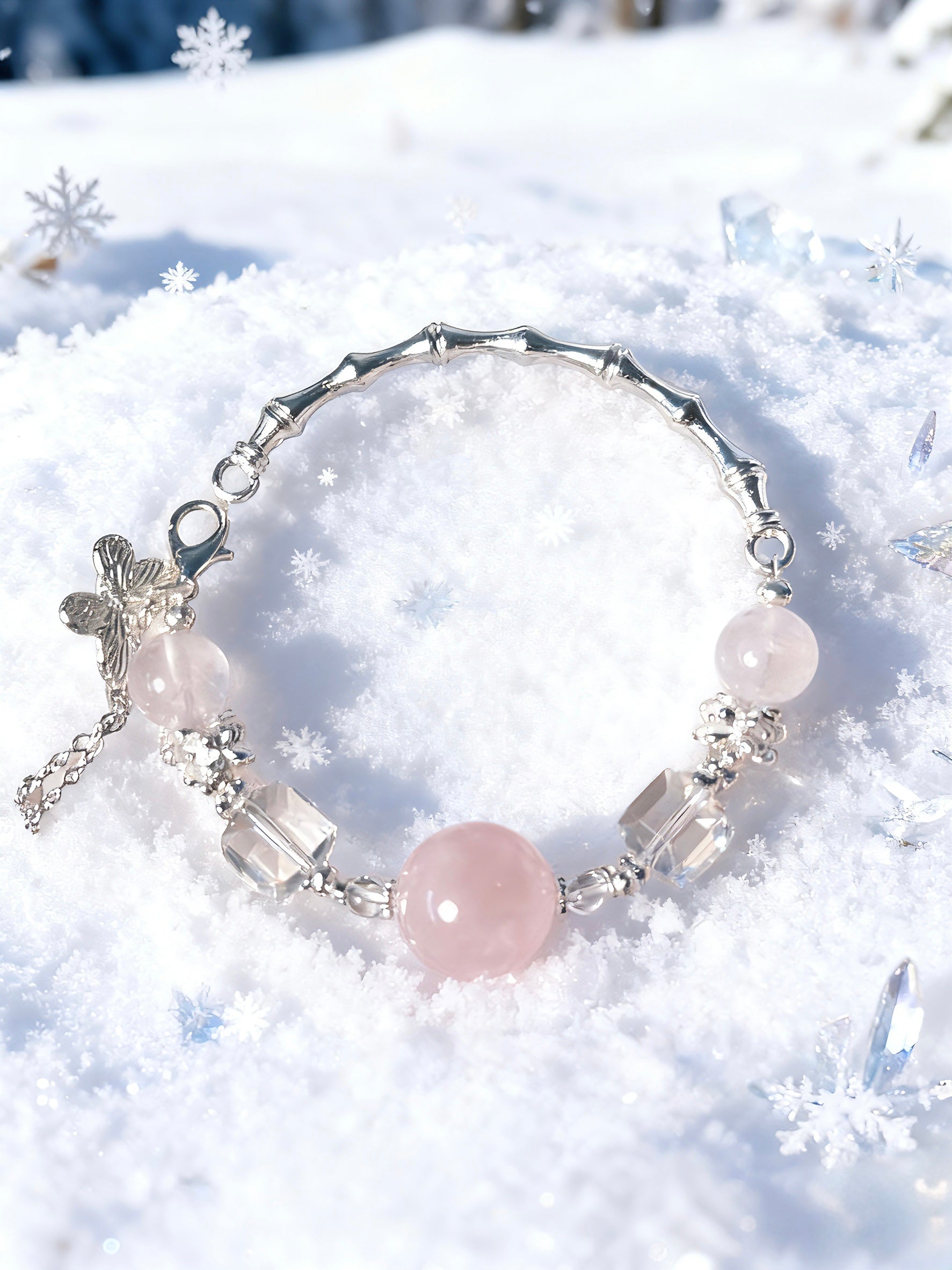 16mm Rose Quartz, Clear Quartz Bracelet – Half-Bangle Design, Natural Crystal Bracelet for Love & Clarity