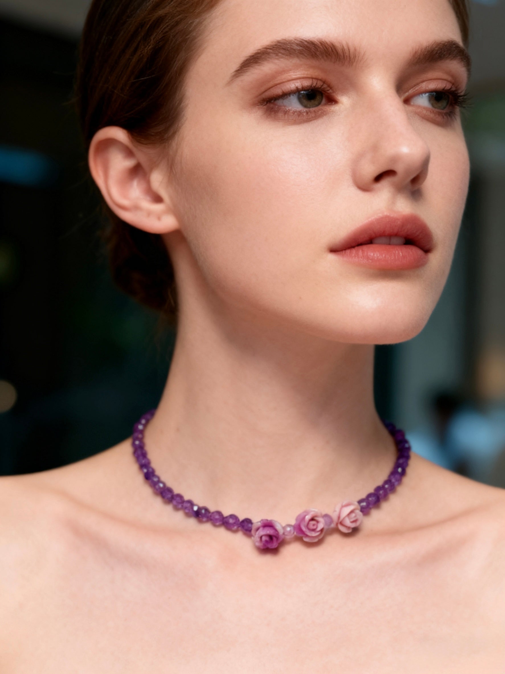 Violet Blossom — Amethyst Bead Choker, Mother-of-Pearl Flower Pendant, Handmade