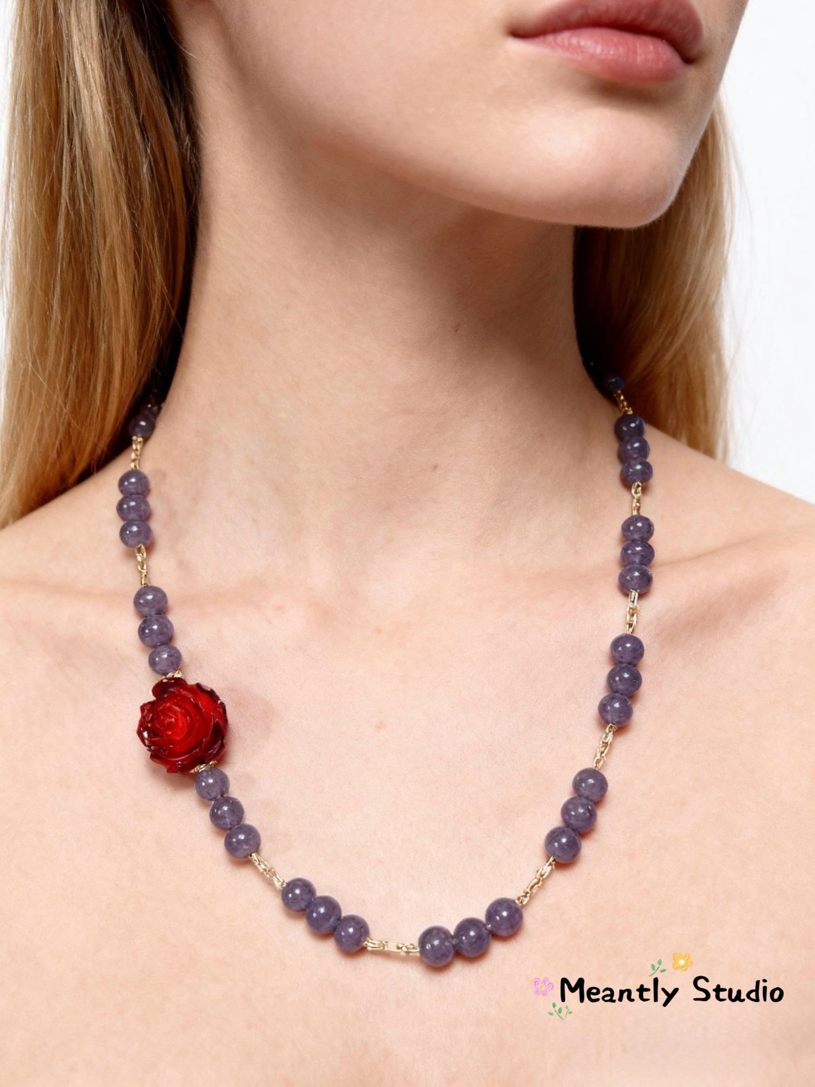 Natural Purple Jade Necklace or Bracelet with Red Rose – Jade Jewelry | Gift for women