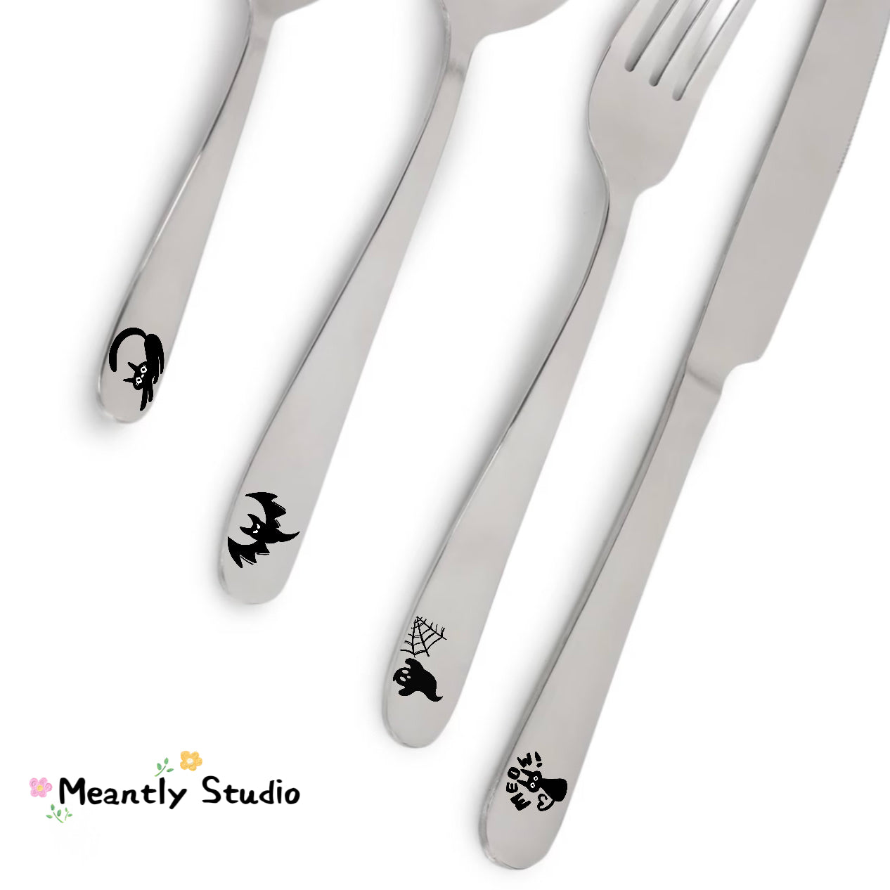 Halloween Cat & Ghost Cutlery Set – 4pcs Stainless Steel Flatware | Spooky Cute Tableware for Kids & Adults | ManifestRituals Halloween Edition