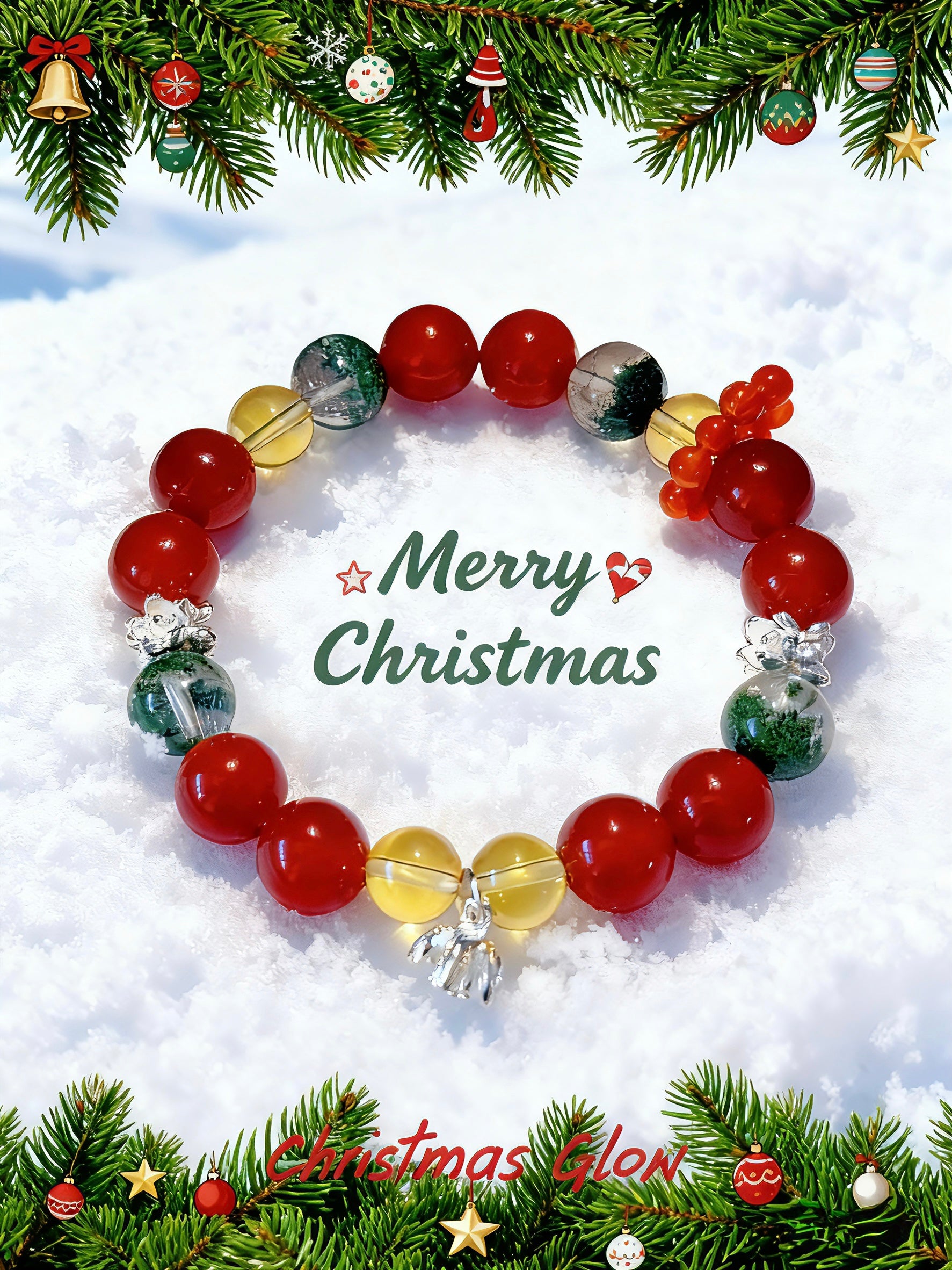Christmas Glow Bracelet – Green Phantom, Yellow Citrine & Red Agate – Holiday Crystal Gift, Festive Healing Bracelet, Xmas Jewelry for Her