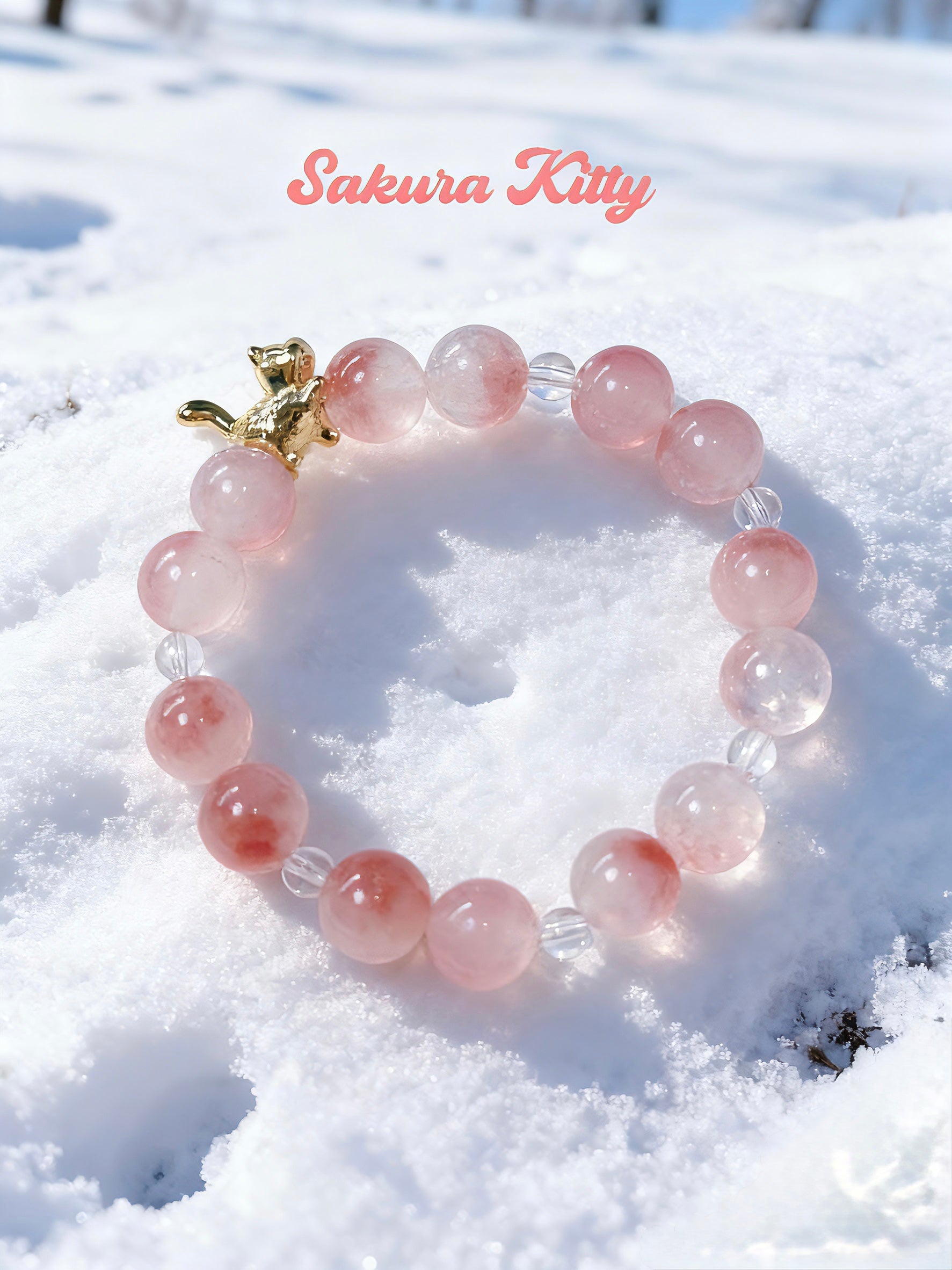 Sakura Kitty Bracelet – Cherry Blossom Energy, Cute Kitty Charm, Calming & Heart-Healing Gemstone Gift