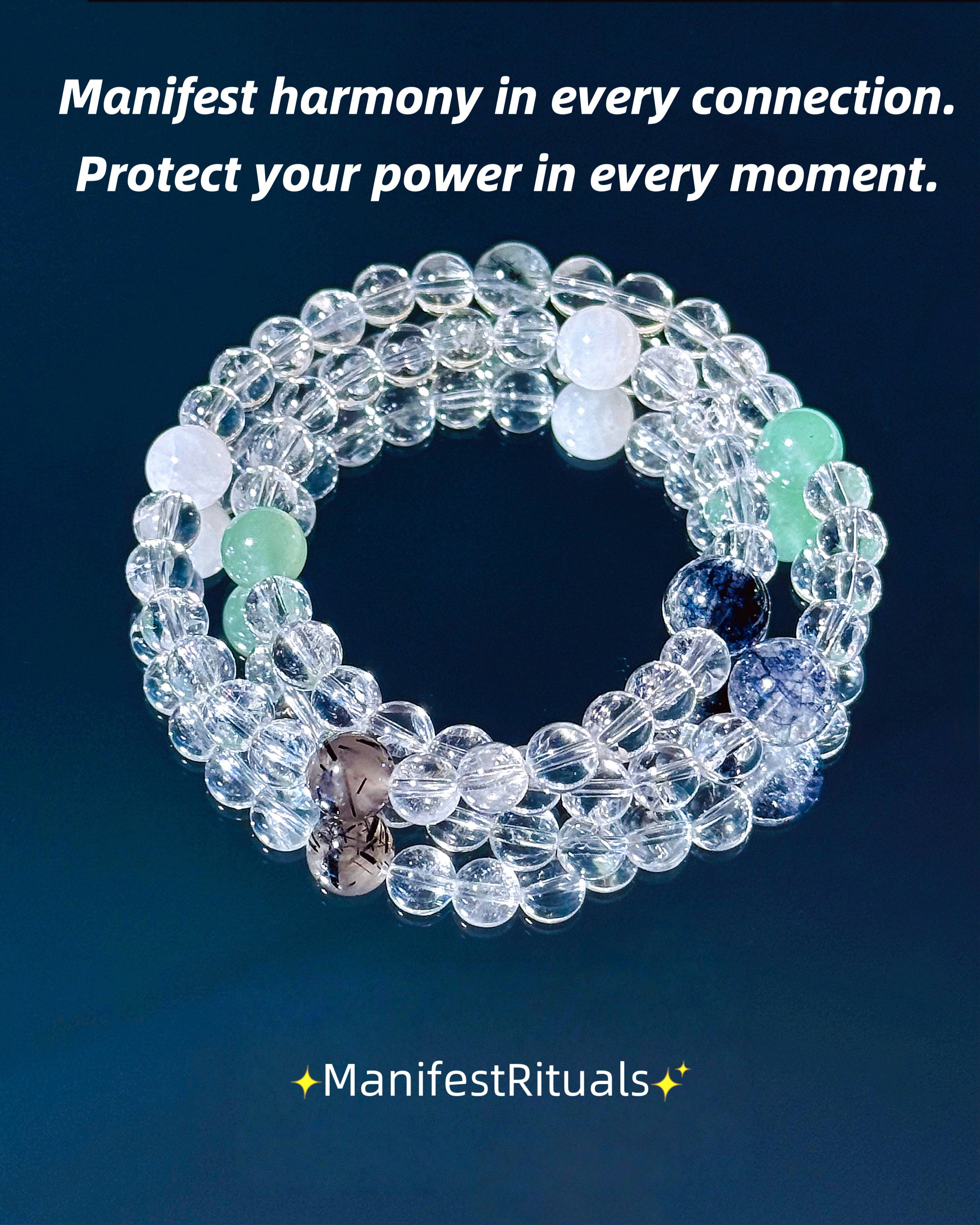Double-Layer Healing Bracelet – Quartz, Jade, Moonstone & Black Flash