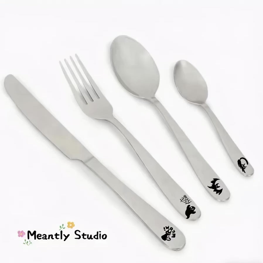 Halloween Cat & Ghost Cutlery Set – 4pcs Stainless Steel Flatware | Spooky Cute Tableware for Kids & Adults | ManifestRituals Halloween Edition